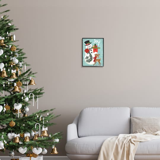 Stupell Industries Joy Smiling Snowman Holiday Deer Framed Giclee Art